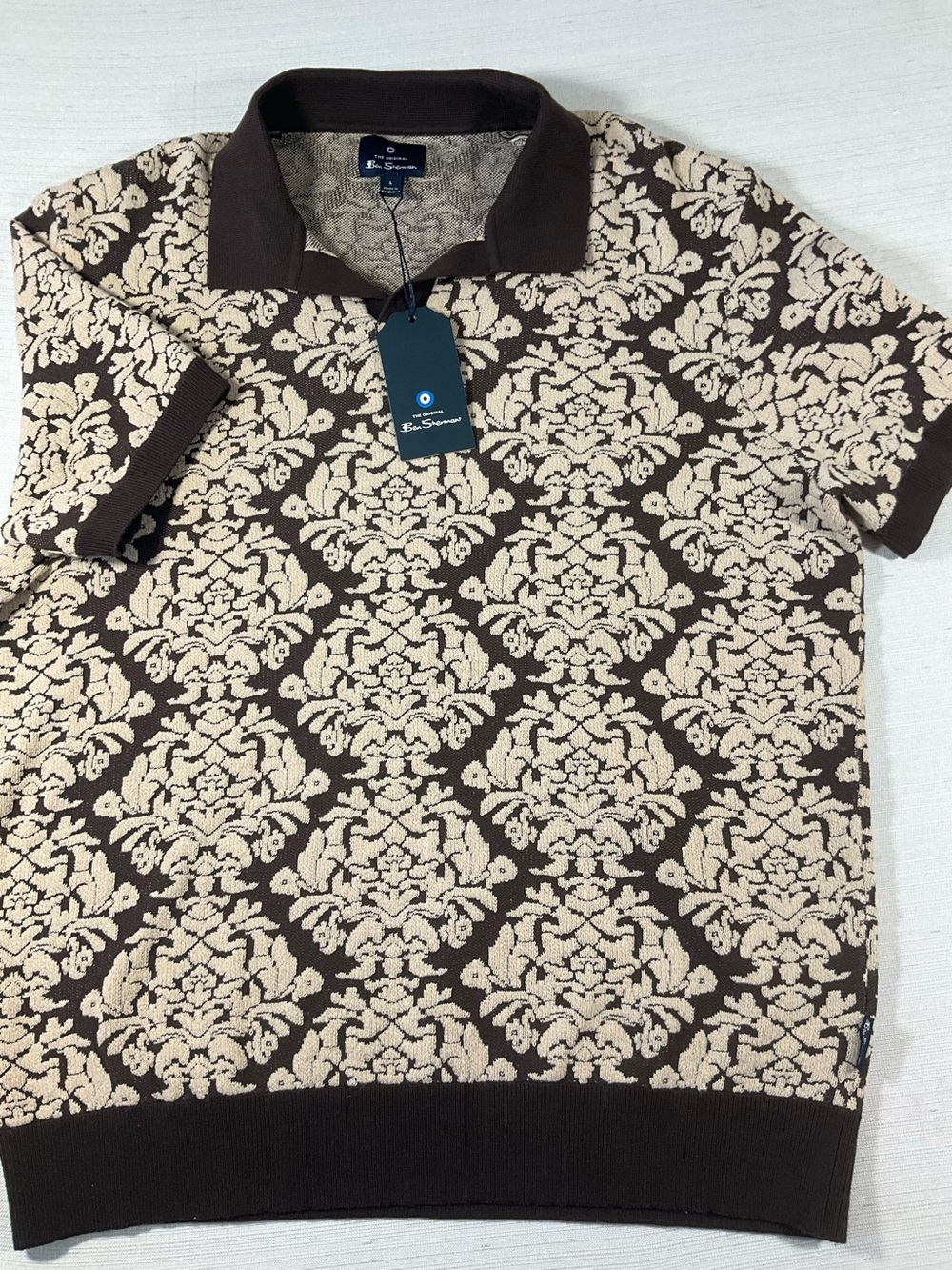 NWT BEN SHERMAN Retro Men’s Carafe Brown & Cream Short-Sleeve Polo Sweater Shirt